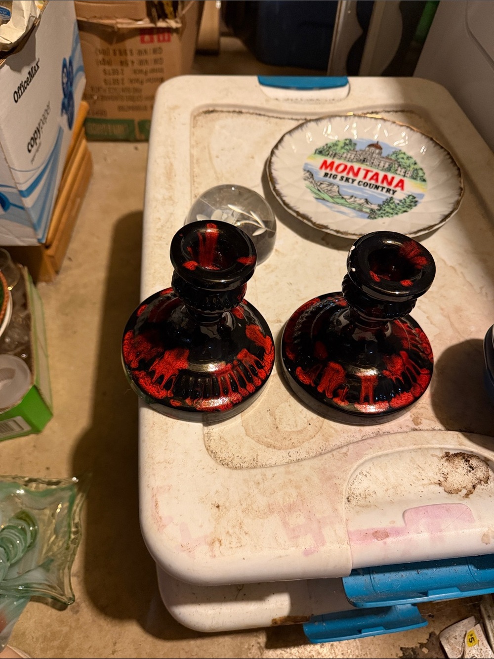 Vintage Red & Black Glass Candle Holders - Pair